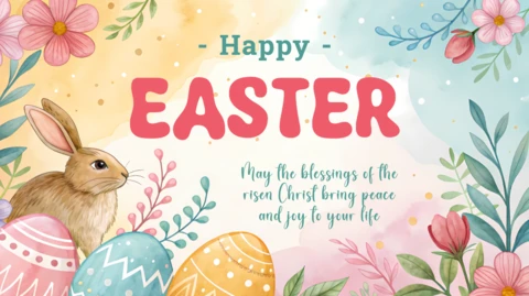 Caprichosa plantilla de diseño de tarjeta de felicitación de Pascua con ilustraciones florales y de conejitos