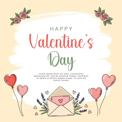 Cartão do Dia dos Namorados com envelope de carta de amor, rosas e balões em forma de coração em fundo pastel suave