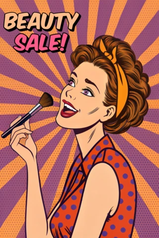 Pop Art Beauty Sale Flyer Design Template with Retro Style and Makeup Brush