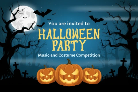 Gruselige Halloween-Party-Einladungsvorlage mit Kürbissen und Fledermaus-Design