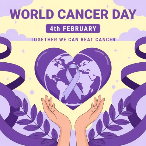 Plantilla de diseño de concienciación del día mundial del cáncer para carteles con elementos de corazón y cinta.