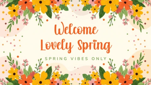 Welcome Lovely Spring Greeting Card Design Template with Flowers, Leaves, and Positive Seasonal Message