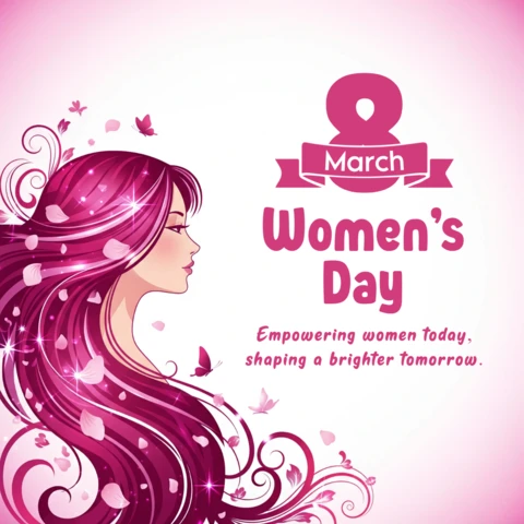 Banner de celebração do Dia da Mulher com perfil feminino, pétalas e slogan motivacional.