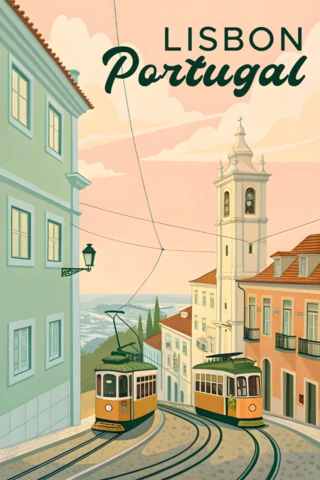 Modèle de conception de tramway vintage de Lisbonne, Portugal, pour des affiches de voyage