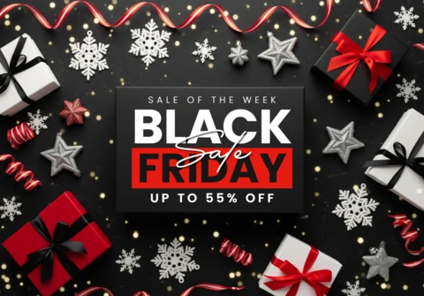 Black Friday Advertisement Elegant Gift Box Layout with Snowflakes and Gold Confetti for Seasonal Promotion Design Template