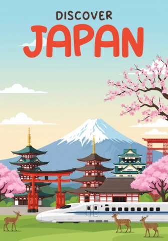 Erkunde Japan-Poster mit traditioneller Architektur und Kirschblüten, während der Shinkansen und der Fuji-Berg zu sehen sind.