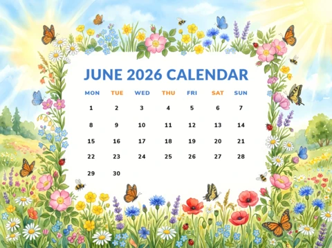 June 2026 Wildflower Meadow Monthly Calendar Design Template