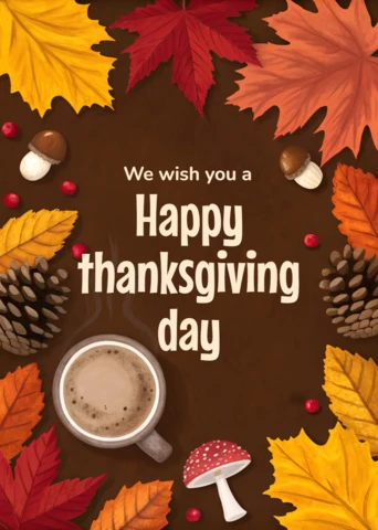 Thanksgiving Coffee Design Template with Autumn Leaves for Greeting Card