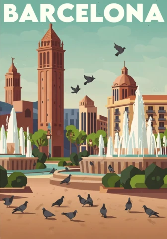 Plaça D’Espanya with Venetian Towers, Fountains & Pigeons Barcelona Travel Posters Design Template