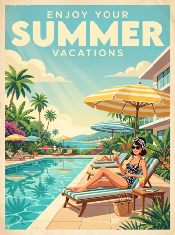 Retro Summer Vacation Poster with Palm Trees, Resort Pool, Lounge Chair, Tropical Drinks, Modern Building and Cheerful Tropical Holiday Mood