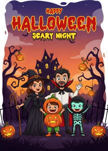 Décor de nuit d'Halloween avec des personnages de sorcière et de vampire dans une forêt lumineuse avec des seaux de citrouille et un ciel brumeux, modèle de design pour des flyers festifs.
