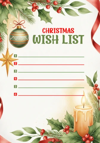 Zarif bir Noel istendiği liste şablonu, altın yıldız, çam dalları ve kırmızı kurdele detayları ile.