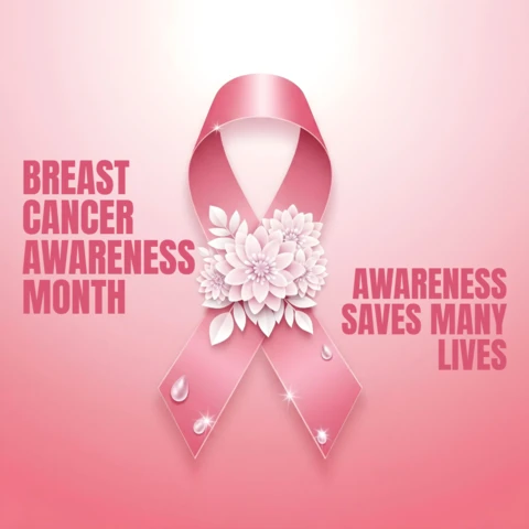 Breast Cancer Awareness Month Pink Ribbon with White Flowers & Gradient Banner Design Template