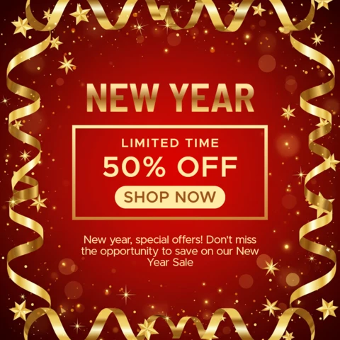 New Year Shopping Poster 2026 Super Sale Design with Festive Ribbons and Elegant Typography