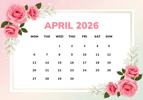 April 2026 Calendar Poster— Pastel Gradient Background with Roses, White Blossoms, and Decorative Gold Frame