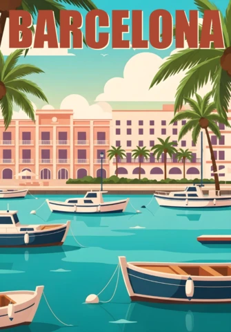 Barcelona Travel Art Turquoise Harbor with Boats & Palm-Lined Promenade Posters Design Template