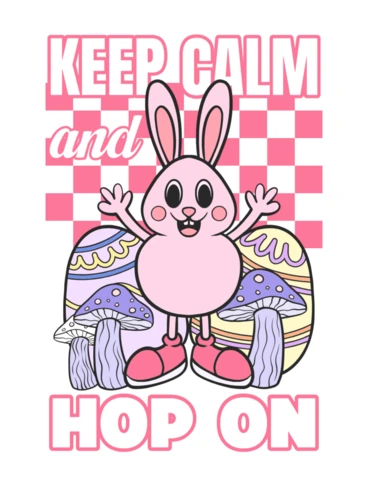Keep Calm and Hop On Cartoon Bunny with Mushrooms & Checkered T-Shirt Design Template