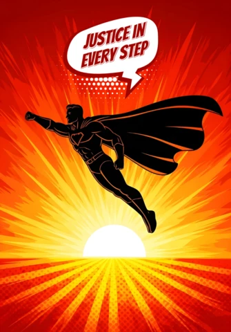 Justice in Every Step Flying Superhero Silhouette with Radiant Sunburst Background Poster Design Template