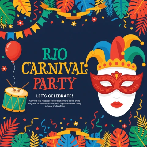 Rio Carnival Party Poster Dark Blue Background with Red Mask, Multicolored Jester Hat, Tropical Leaves, Flowers, Streamers & Confetti