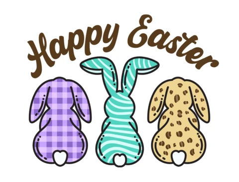 Felice Pasqua magico trio di coniglietti viola, turchese e marrone con schiene decorate modello di t-shirt
