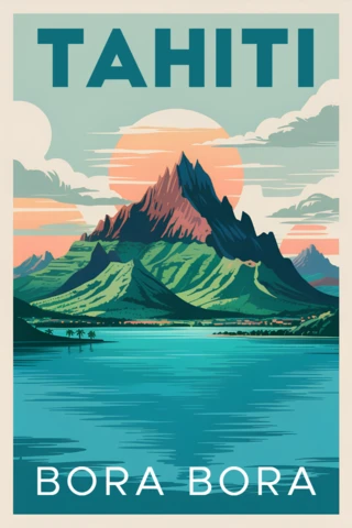 Modèle de design d'affiche de voyage vintage de Tahiti avec une scène de montagne et d'océan pour art mural