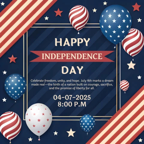 Template de design para celebração do Dia da Independência dos EUA com balões patrióticos 3D e estrelas.