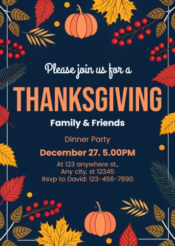Thanksgiving Dinner Party Invitation Template with Autumn Leaves and Pumpkin Design