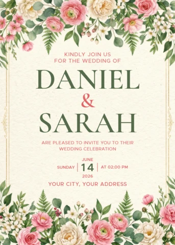 Elegant Floral Wedding Invitation Card Template with Romantic Garden Roses and Botanical Border Design Template