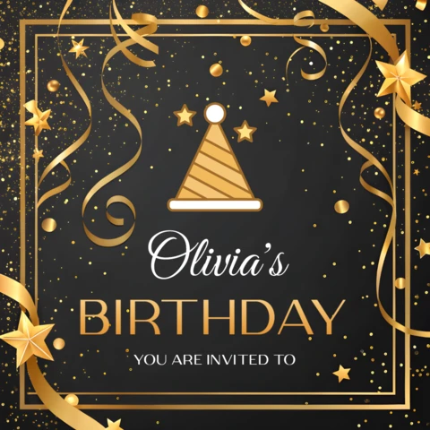 Elegant Birthday Invitation Template Design with Gold Accents and Festive Elements