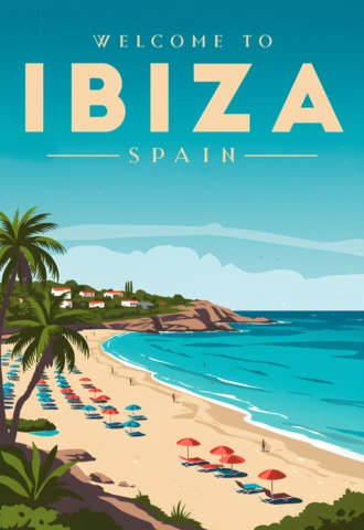 Modèle de design vintage pour affiches de voyage rétro sur la plage d'Ibiza