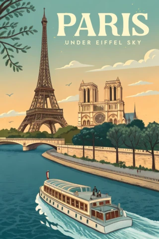 Paris Scenic Design Template with Eiffel Tower and Riverboat for Travel Posters