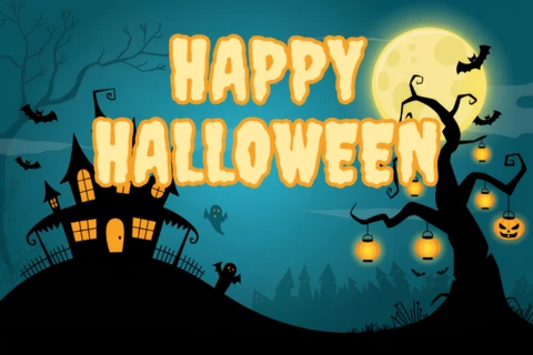 Modelo de design de Halloween assustador com casa assombrada para convites de festa