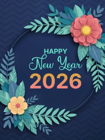 Plantilla de diseño de tarjeta de saludo floral para el año nuevo 2026