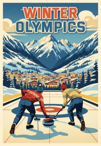 Curling Athletes and Alpine Charm Celebrating Milan-Cortina 2026 Winter Olympics 2026 Poster