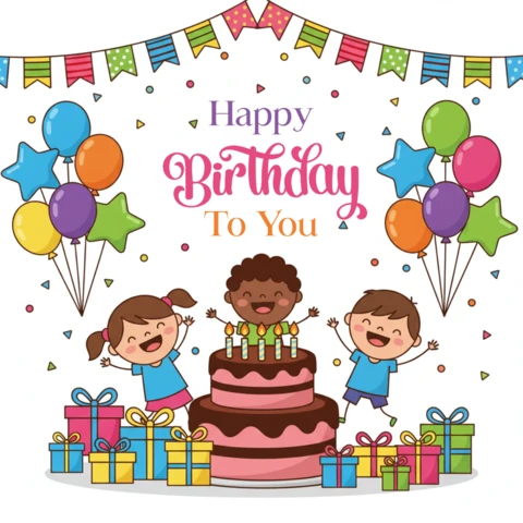 Feliz aniversário cartaz crianças celebração com bolo, balões, presentes, confete e tema de festa festiva