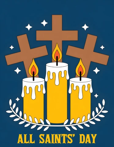 Ecos do pôster do dia de todos os santos com design de cartão de saudação de chama suave e brilho celestial.