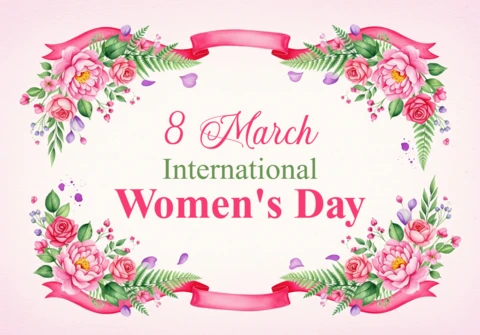 Happy International Women’s Day Card Template with Roses, Floral Border, and Festive Pastel Background