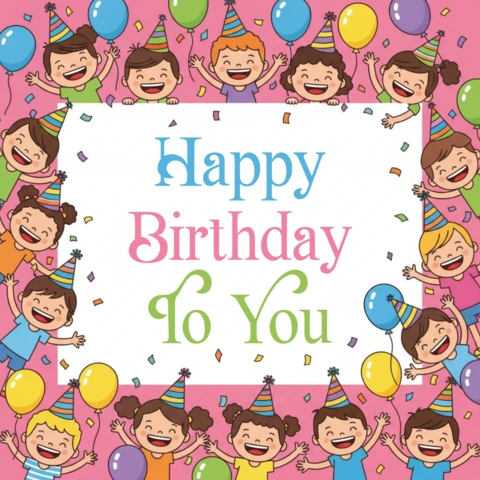 Birthday Greeting Poster Pink Background with Balloons, Confetti, and Joyful Children’s Birthday Wishes