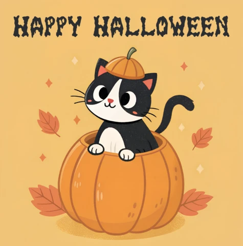Speelse Halloween-kat in een pompoenillustratie voor wenskaarten en merchandise-sjablonen