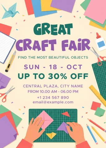 Creative Craft Fair Event Flyer Template with DIY Paper Art Supplies and Handmade Workshop Illustration