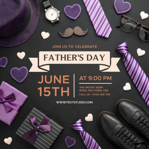 Plantilla comercial elegante para regalo del día del padre con diseño en púrpura y negro.