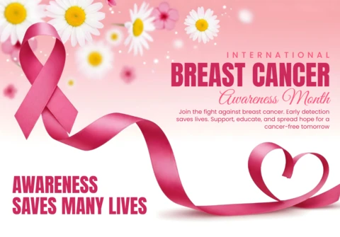 Awareness Saves Lives International Breast Cancer Poster with Floral Touches Banner Design Template