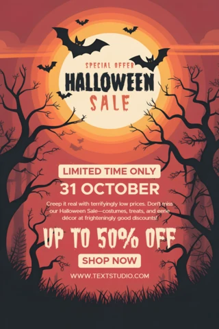 Spooky Halloween Sale Flyer Template with Bats and Creepy Trees Design