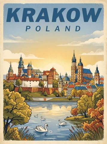 Cracovia Polonia centro histórico de la ciudad cartel de viaje vintage retro castillo de Wawel orilla del río atardecer atmósfera otoñal diseño