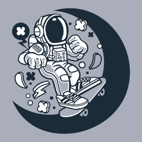 Astronauta skateboarding personaje de dibujos animados plantilla de diseño de camiseta