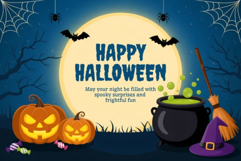 Template de design assustador para Halloween para panfletos festivos com abóboras e caldeirão.