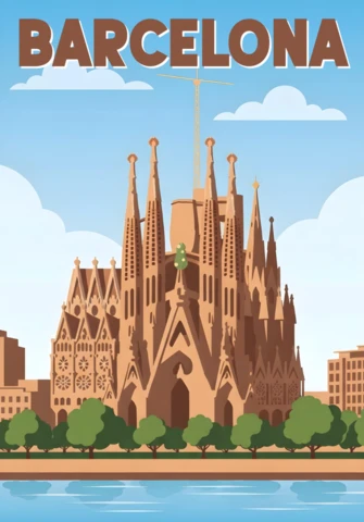 Barcelona Sagrada Família with Reflections & Blue Sky Travel Posters Design Template