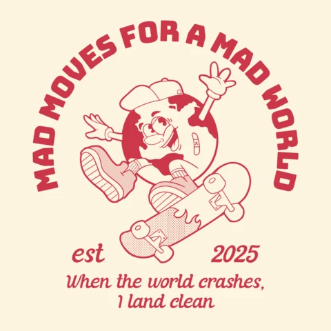 狂った世界のための狂った動き スケートボード 地球 キャラクター Tシャツ デザイン テンプレート