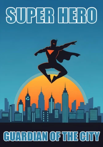 Guardian of The City Flying Superhero Silhouette Over Urban Skyline Poster Design Template