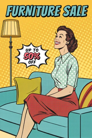 Modèle de flyer de vente de meubles rétro pop art avec design de femme vintage